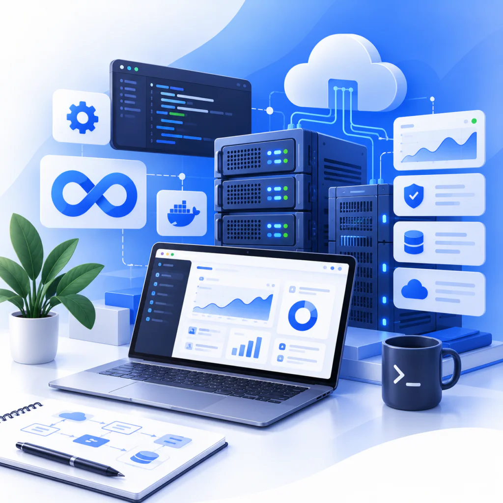 Branded illustration of server infrastructure and its management