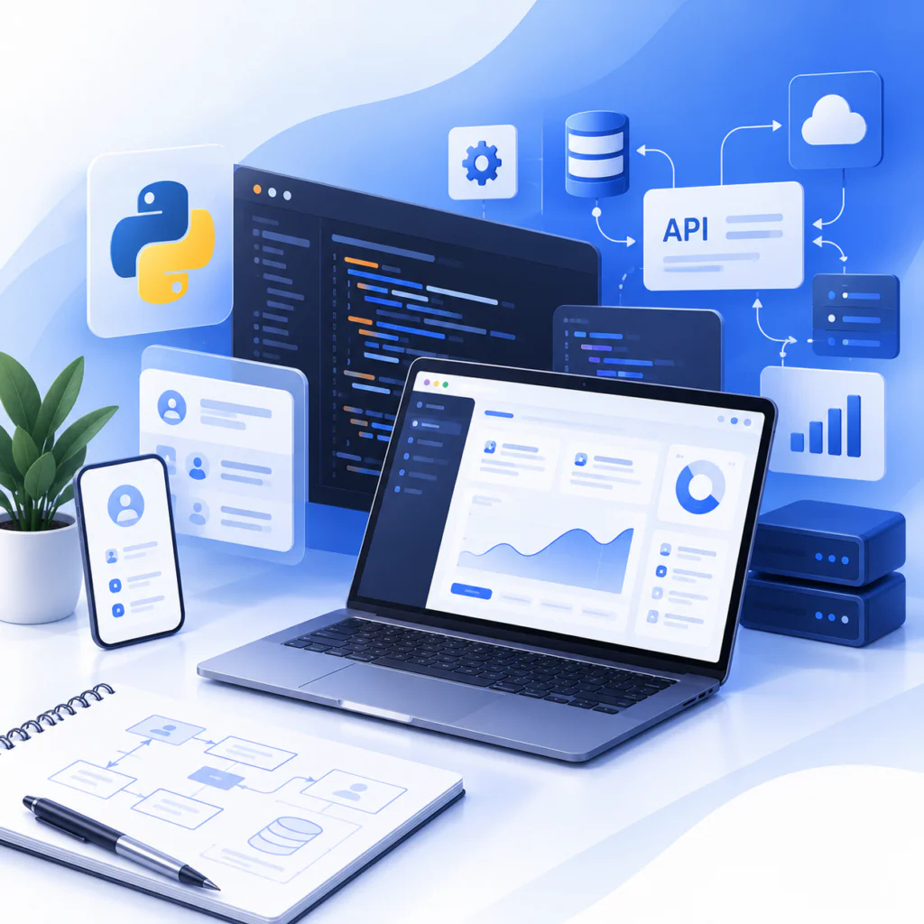 Branded illustration of a web application with a code window